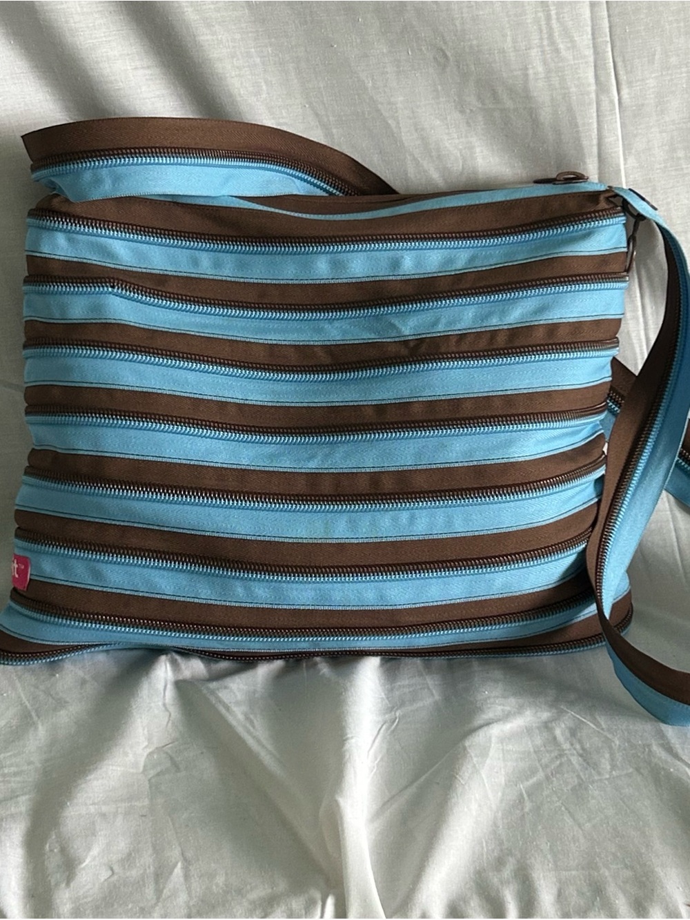 ZIP-IT Large Shoulder Bag Tote Purse Brown & Blue Shopping Beach